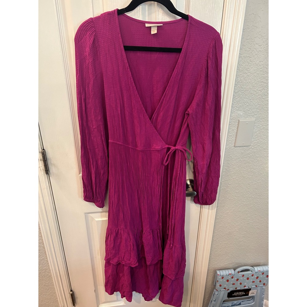 Knox Rose Wrap Dress Magenta Purple Waffle Knit Ruffle Tiered Boho Midi Dress‎